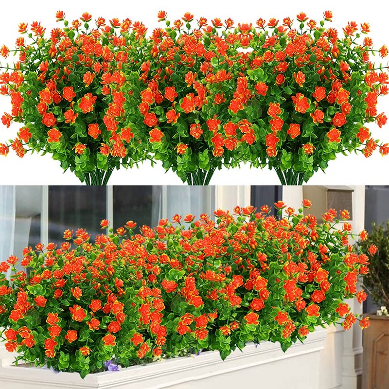 ArtBloom 6 Bundles Outdoor Artificial Flowers UV Resistant Fake Boxwood Plants, Faux Greenery for Indoor Outside Hanging Plants Garden Porch Window Box Home Wedding Farmhouse Decor (Orange Red) - Image 1
